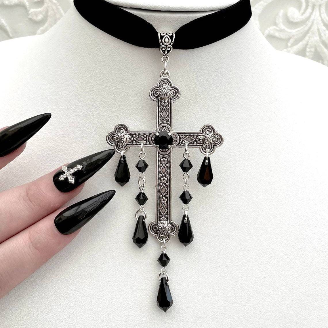 Erotic Choker Collar, Gothic Style Choker Necklace with Cross Pendant